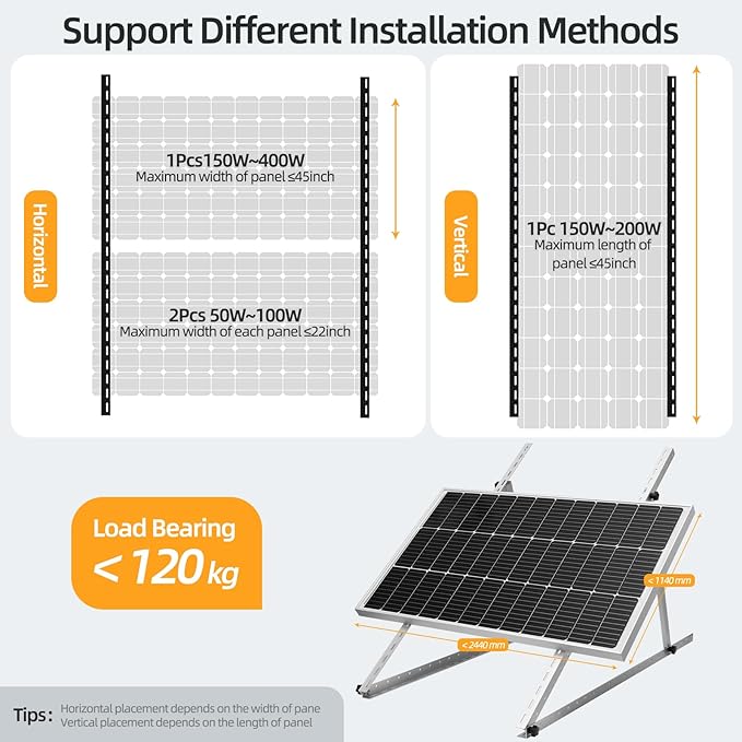 FLYING LION 1 Sets 45inch Adjustable Solar Panel Tilt Mount Brackets with Foldable Tilt Legs, Ieal for 2-4pcs 180 200 300 400 Watt Solar Panel for Roof, RV, Boat, and Off-Grid