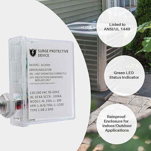 AG3000 120/240 VAC HVAC Surge Protective Device - Surge Protective Device with TPMOV Technology, Watertight Enclosure, L-G, L-L, L-N Three Modes Surge Protection, UL Listed 5 Year Warranty