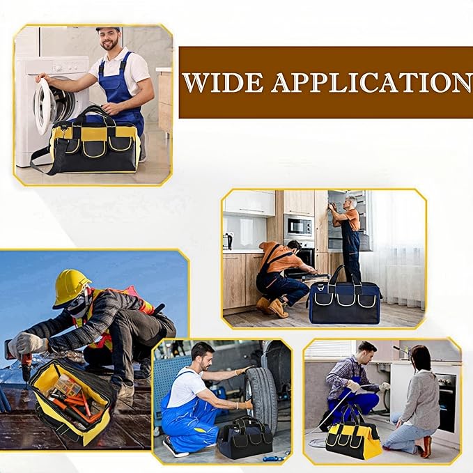 13 Inch Heavy Duty Tool Bag for Men, Waterproof Hard Bottom, Wide Mouth with Zipper Tool Bag, Multi Pocket Organizer for Electricians, Carpenters, Mechanics (Blue)