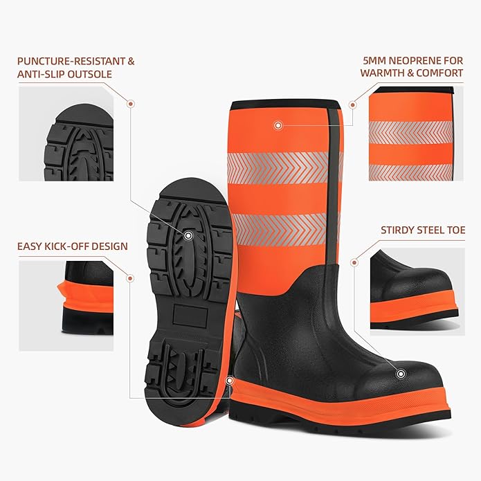 Men's Steel Toe Rubber Work Boots, Waterproof Neoprene Safety Boots with Puncture Proof Midsole - Oil & Chemical Resistant, Reflective High-Vis for Construction, Concrete, Roadwork