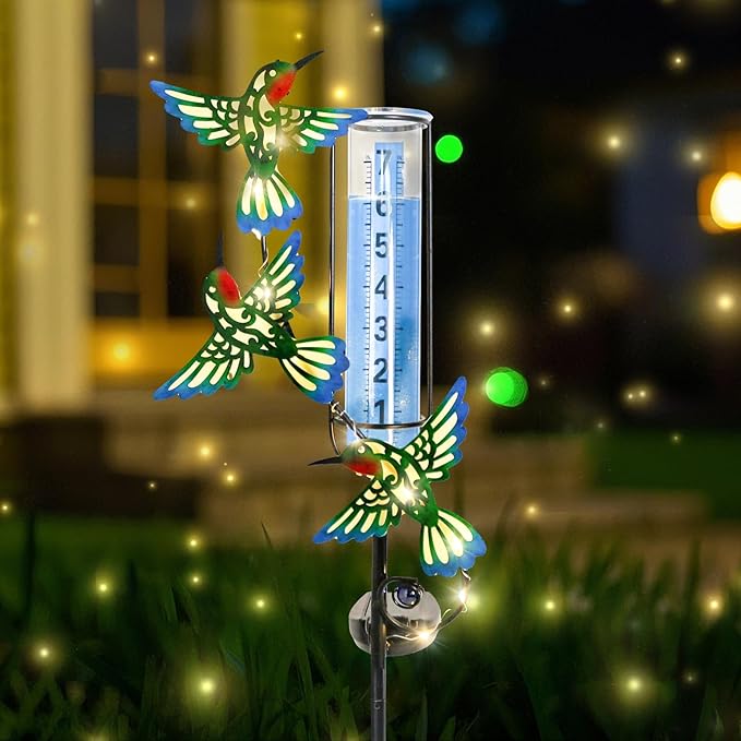 WONDER GARDEN Solar Rain Gauge Outdoor, Hummingbird Decorative Rain Gauges Outdoors Best Rated, Freeze Proof Water Rain Measure Gauge for Yard Patio Lawn Garden Decor