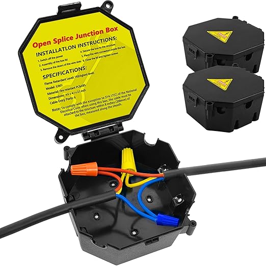 Black Open Splice Junction Box (2 Pack), Electrical Splice Box Wire Junction Box with Cover V0 Flame Retardant Rating(Highest Level)