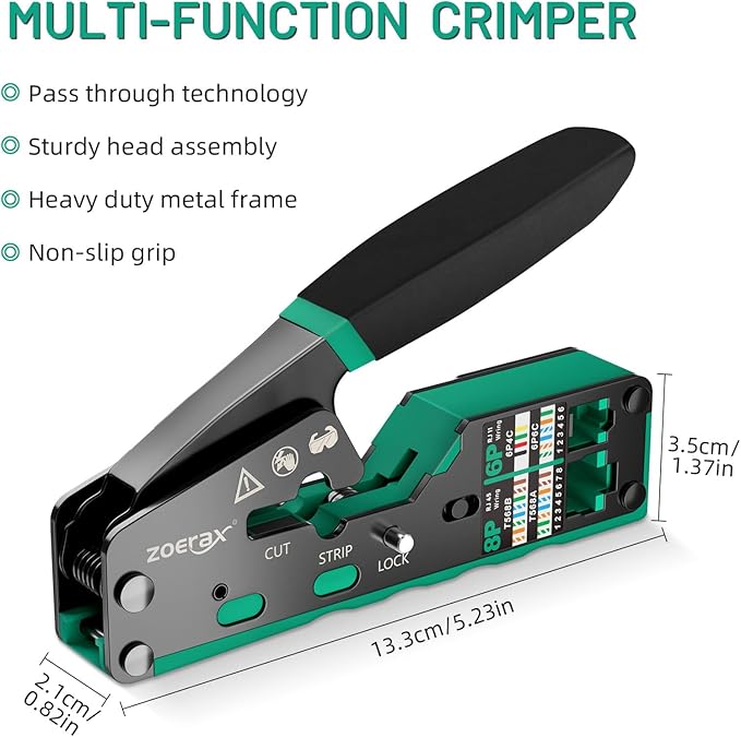 RJ45 Crimping Tool Ethernet Crimp Tool Crimper for RJ11/RJ12 Standard, RJ45 Pass Through Connectors, Green