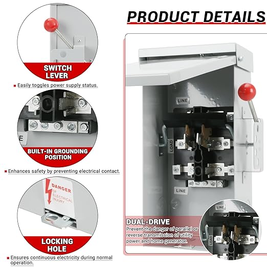 100A Manual Transfer Switch for Generator, 24000W General-Duty Double-Throw Safety Switch, 120/240-Volt Transfer Switches, NEMA 3R Standards for Outdoor & Indoor, 100 AMP 2P
