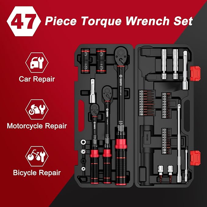 VANPO Torque Wrench Set 1/4, 3/8, 1/2-Inch Drive(20–240 in-lb, 5–45 & 10–170 ft-lb) Click Torque Wrenches Kit for Car, Motorcycle, Bike Repair - ±3% Precision, 72-Tooth, Dual Direction with Case
