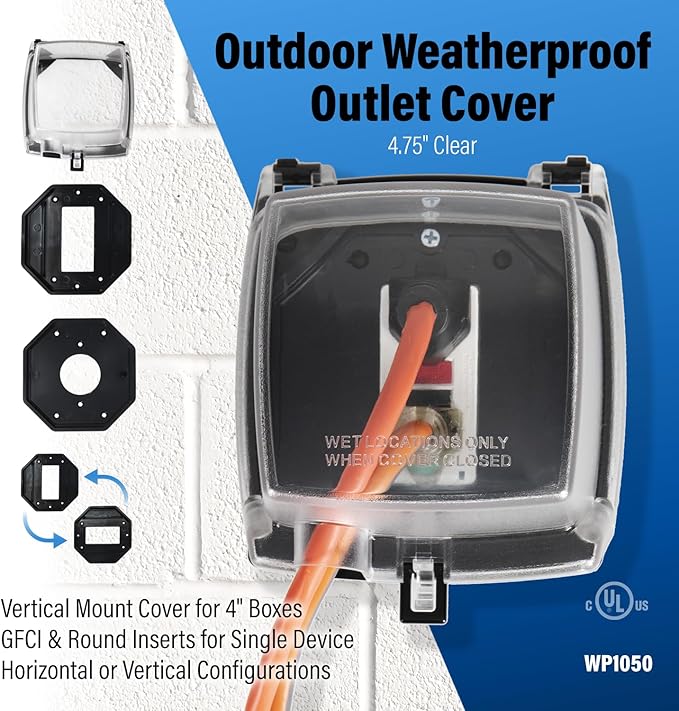Intermatic WP1050 4-3/4" Deep Weatherproof Outlet Cover – Clear, GFCI & Round, Vertical Mount, UL Certified - Accommodates Single Device Configuration On Larger Double Gang 4"x4" Boxes