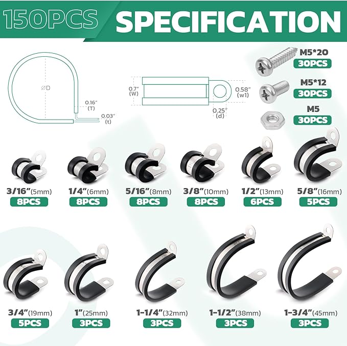 150PCS Cable Clamps with Screws Assortment Kit 304 Stainless Steel Rubber Coated Cushioned Insulated Wire Pipe Clamps 11 Sizes—3/16" 1/4" 5/16" 3/8" 1/2" 5/8" 3/4" 1" 1-1/4" 1-1/2" 1-3/4"