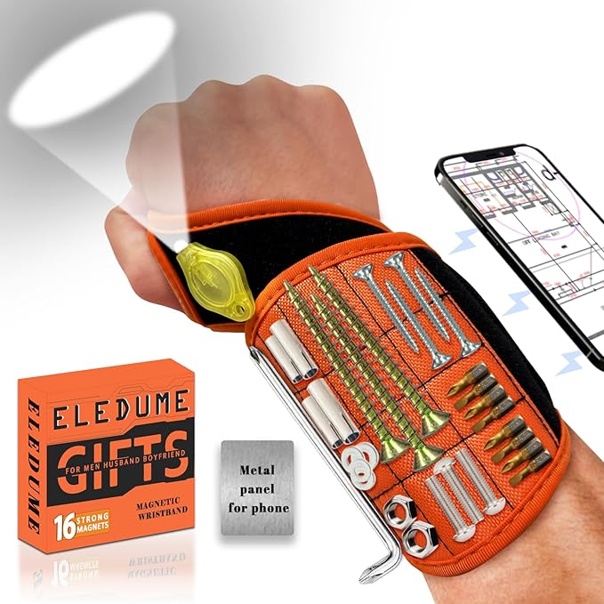 Magnetic Wristband with Flashlight & Magnet Pedal for Holding Screws, Magnetic Wristband Tool Belt for Holding Screws Nails Drill Bits, Cool Handy Gadget Gifts for Fathers, Husband Who Have Everything