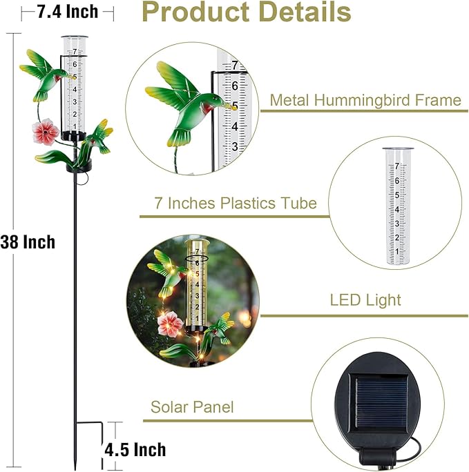 Hummingbird Rain Gauge Outdoor, Solar Stake Rain Gauges for Yard with LED Lights & Plastic Measuring Cup Large Rain Gauge Outdoor Decorative Water Gauge for Rain for Garden, Lawn, Pathway Decor