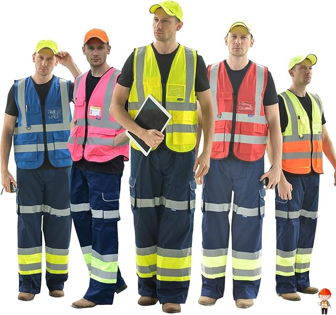A-SAFETY Industrial Safety Vest, Hi Vis 9 Pockets High Visibility Zipper Front Reflective Safety Vest, Orange&Blue Color Mixed, XL