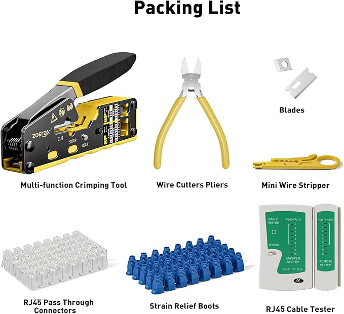 Ethernet Crimping Tool Kit RJ45 Crimp Tools,CAT5 Cat5e Cat6 RJ45 Crimping Tool Kit With Cable Tester, Mini Stripper, Blades,50Pcs Cat 6 Pass Through Connectors and Strain Relief Boots