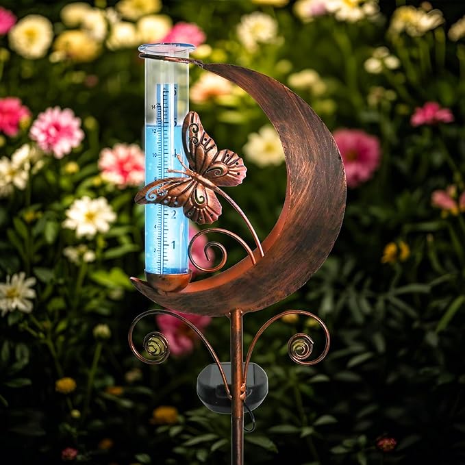 WONDER GARDEN Solar Rain Gauge Outdoor, Decorative Moon Butterfly Rain Gauges Outdoors Best Rated, Freeze Proof Water Rain Measure Gauge for Yard Patio Lawn Garden Decor