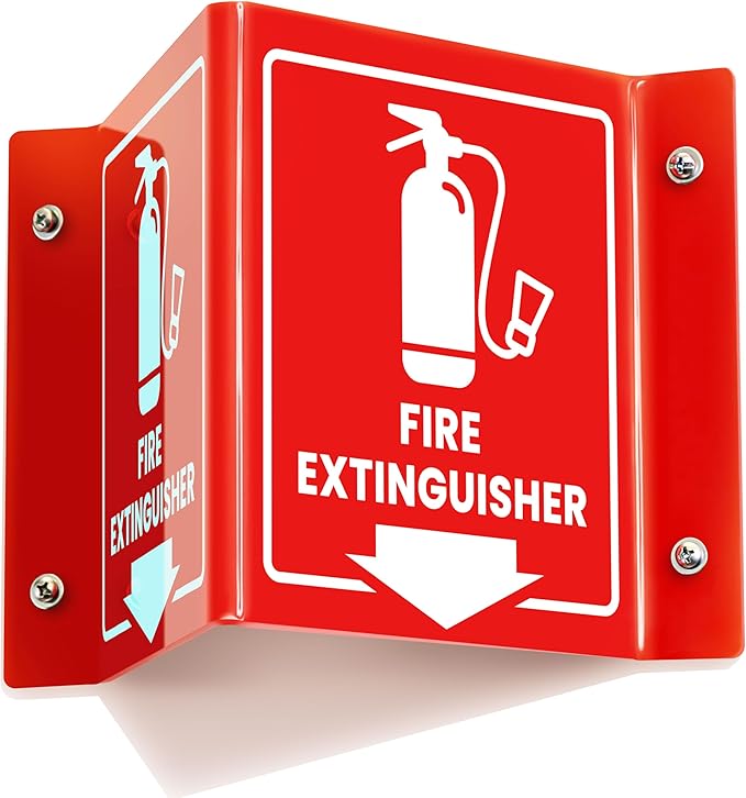 Fire Extinguisher Sign, 6 Inch Fire Extinguisher Two-Sided Acrylic Projecting V-Sign with Down Arrow, Including Screws