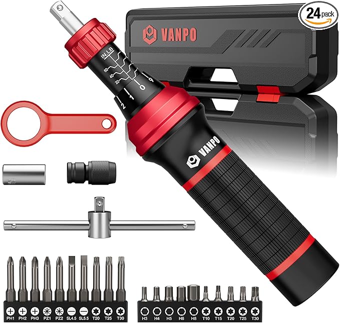 VANPO Torque Screwdriver, 24 Pcs 10-70 Inch Pound Torque Screwdriver Set with Hex, Torx, Phillips, Pozidriv, Schlitz,Bits Adapter, T-Bar Handle for Bike Repair, DIY and Maintenance