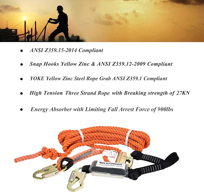 25FT Vertical Lifeline Assemble Three Strand Rope Fall Protection with Rope Grab Snap Hooks Shock Absorber Fall Protection Safety Equipment ANSI Compliant