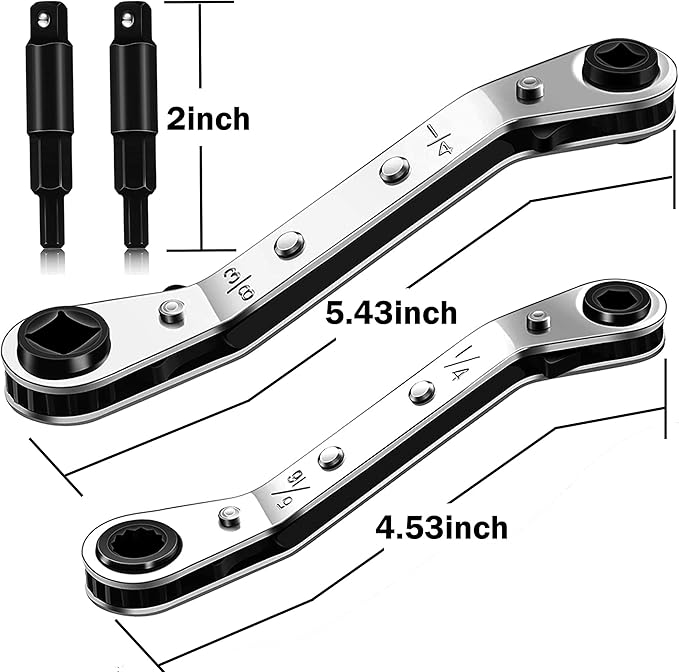 Hvac Service Wrench Tools:3/16” to 3/8” 5/16'' x 1/4''Air Conditioner Valve Ratchet Wrench with 2 Hexagon Bit Adapter Kit for Air Refrigeration and Equipment Repair Tools Clearance