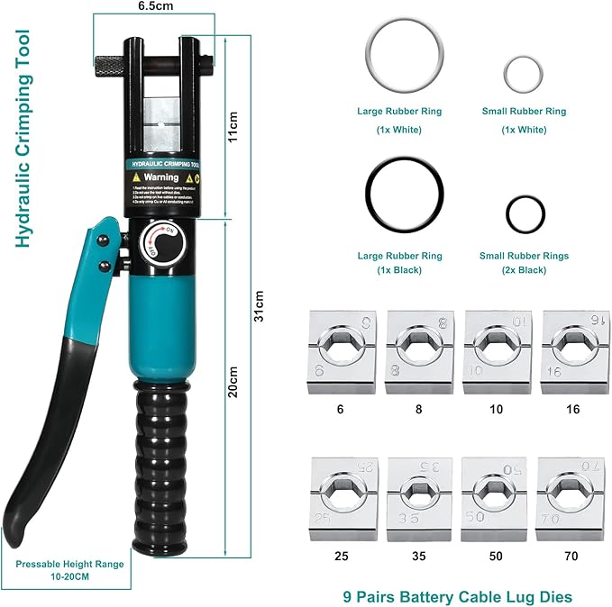 10-Ton Hydraulic Crimping Tool with 9 Dies - Battery Cable Crimper Tool & Wire Rope Crimping Tool for 12 AWG to 2/0 AWG, 1/16" 1/8" 3/16" Stainless Steel Cable Railing Tool, Hydraulic Crimper