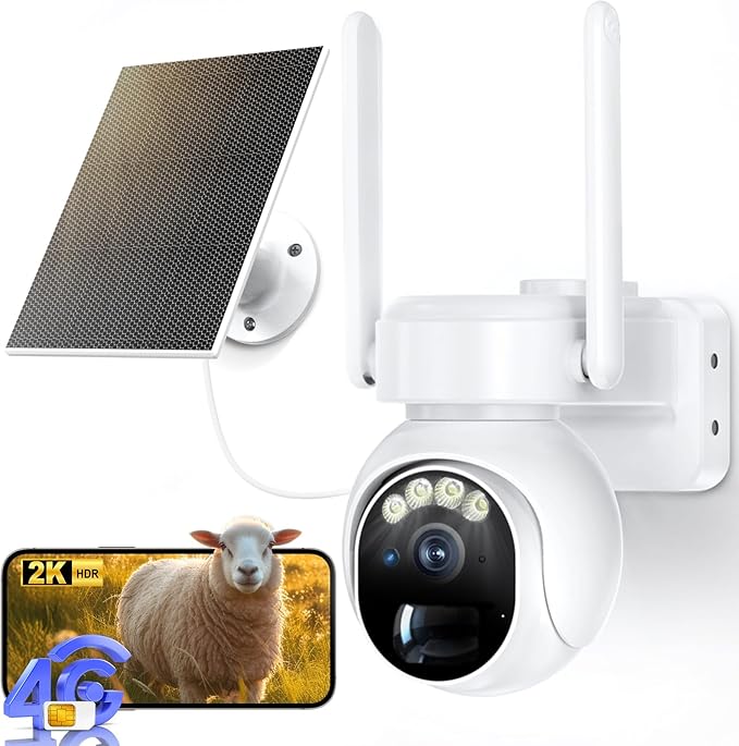 4gLte Cellular Security Camera, No WiFi Security Camera ，360°View PTZ, ABS Fireproof IP65 Waterproof, 2K HD Color Night Vision, Human Tracking, 2-Way Audio