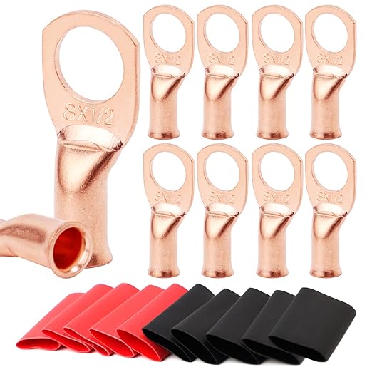 TKDMR 10pcs 8 AWG-1/2 Battery Lugs,Heavy Duty Wire Lugs,Ring Terminals,Battery Cable Ends,0 Guage terminals,Battery Terminal Connectors with 10pcs 3:1 Heat Shrink Tubing