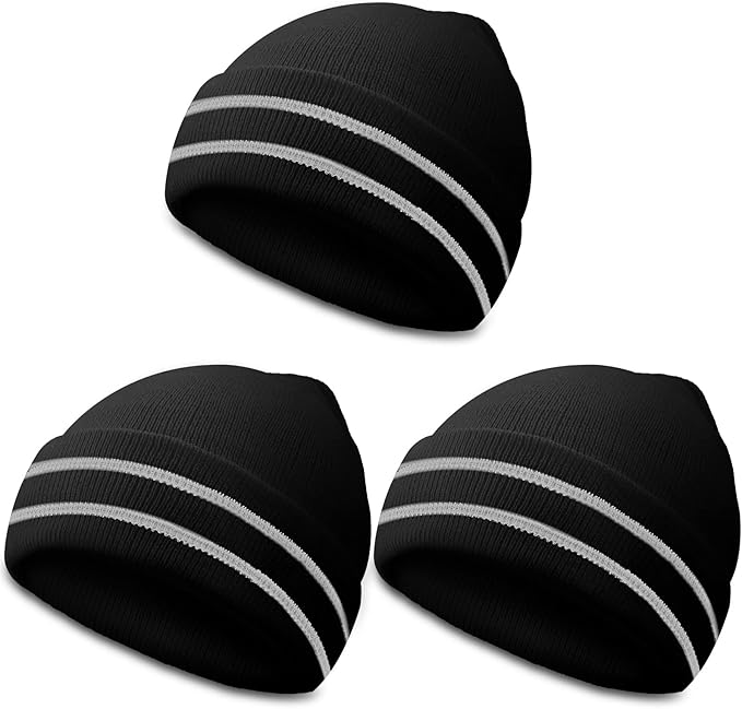 JenPen 3 Pcs Safety Beanie Reflective Hat Winter High Visibility Unisex Knit Beanie Hat Running Cap Headwear for Men Women