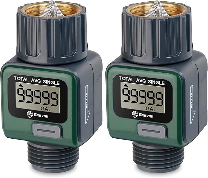 Geevon Garden Hose Water Flow Meter with Brass Inlet Metal Thread, High Accuracy & IPX6 Waterproof for Outdoor Garden Watering, RV Water Tank Filling, Lawn Sprinkler, and Nozzle Sprayer (1 Pack)