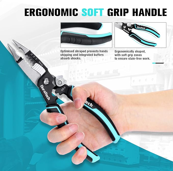 DURATECH 5-in-1 Wire Stripper, 8" Wire Stripper and Crimping Tool, Premium CR-V Construction, Needle Nose Plier, Multifunctional Electrician Pliers for Crimping, Cutting, Stripping, Shearing, Clamping