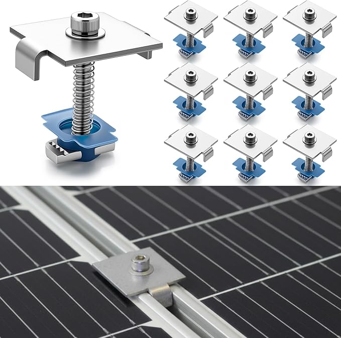 Silkfly 10 Pcs Solar Panel Mid Clamps for 1-5/8 Inch Steel Strut Channel, Solar Panel Kit with Clamps and Cone Nuts for Mounting Panels