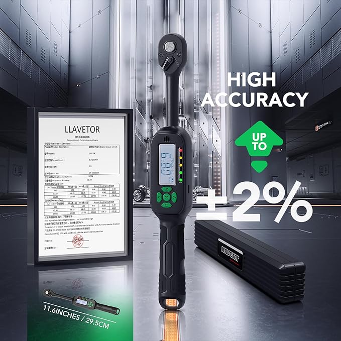 Digital Torque Wrench 5-99.5 ft-lbs./6.8-135Nm, 3/8 Inch Mini Electronic Wrench With Preset Value, 2% Accuracy, Buzzer and LED Notification