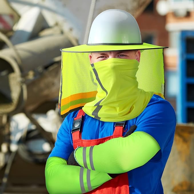SATINIOR 3 Pcs Sun Hard Hat Neck Protection High Visibility Full Brim Mesh Sun Protection Bandana Headband Arm Sleeves with Reflective Strap for Construction Helmet Hard Hat(Neon Yellow)