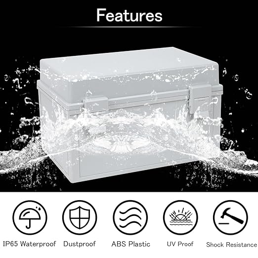 Junction Box IP65 Waterproof Electrical Box Outdoor ABS Plastic Project Box Hinged Shell Universal Enclosure Box with Mounting Plate, Wall Brackets, Cable Glands 11.8"x 7.9" x 7.1"