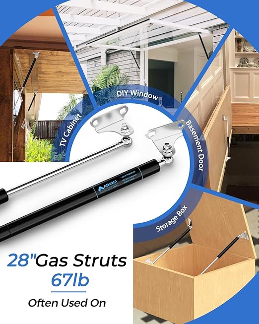 ARANA Gas Struts 28 inch 67lb with Brackets (2 Pack) - Heavy Duty Lift Support for RV Bed Hatch & Storage Box Lid - Hydraulic Spring Shocks for Camper Bed, Cellar Door, Food Truck Window