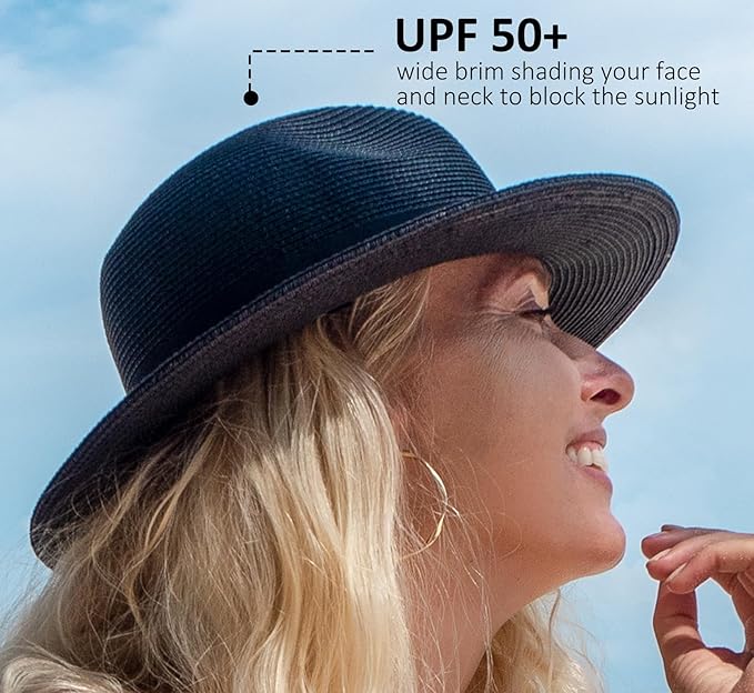 Joywant Womens Straw Fedora Beach Sun Hat, Packable Wide Brim Panama Hat for Women UV UPF50+ Summer Hat