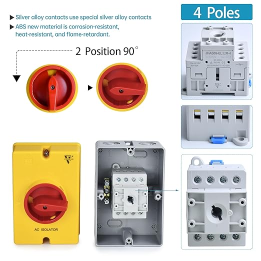 20 Amp AC Disconnect Switch 4-Pole AC 690V Isolator Switch IP66 Waterproof Isolation PV On Off Ac Disconnect Box Outdoor Rotary 2 Positions