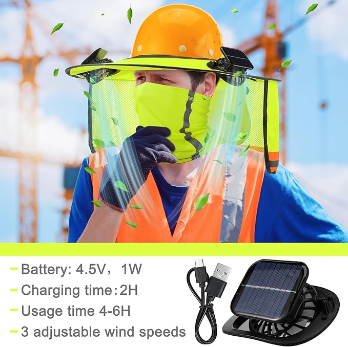 2 Sets Sun Hard Hat Shade Neck Protection with Solar Fans, Full Brim High Visibility Sun Visor Mesh Bandana Scarf for Hard Hat Accessories, Reflective(Fluorescent Yellow)