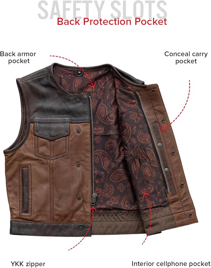 First Mfg Co - Lowside - Mens Motorcycle Biker Riding Canvas, Leather, Twill, Perforated Leather Vest