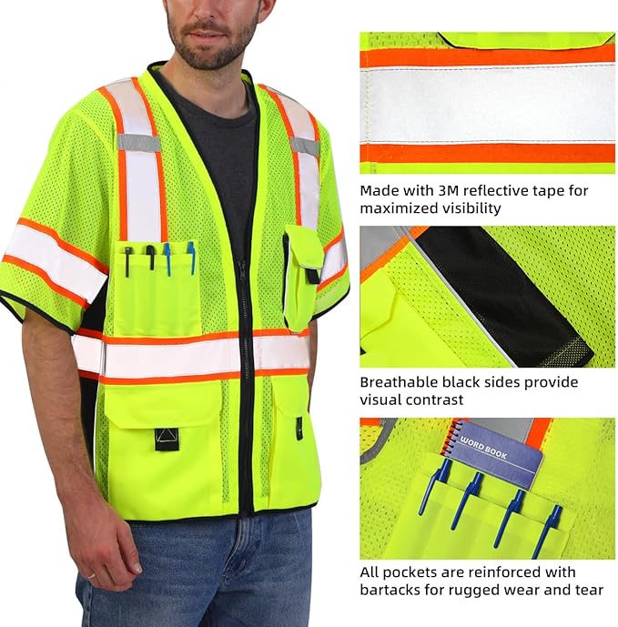 Dib Safety Reflective Mesh Vest ANSI Class 3, High Visibility with Pockets and Zipper, Made with 3M Reflective Tape, Yellow S