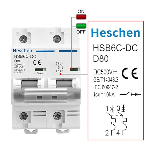 Heschen Solar Panel Circuit Breaker, HSB6C-DC, 2 Poles, DC500V 80A, Current Rating 80.0 amps, for Solar PV System Grid System