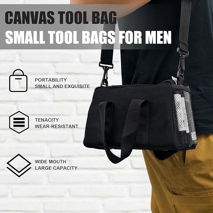Small Tool Bag,Close Top Wide Mouth Tool Organizer Bag,Large Capacity Tool Bags for Men,Canvas Tool Storage Bag for Storage Handbag for Screwdrivers,Wrench (Shoulder strap+Black, 18 Inch)