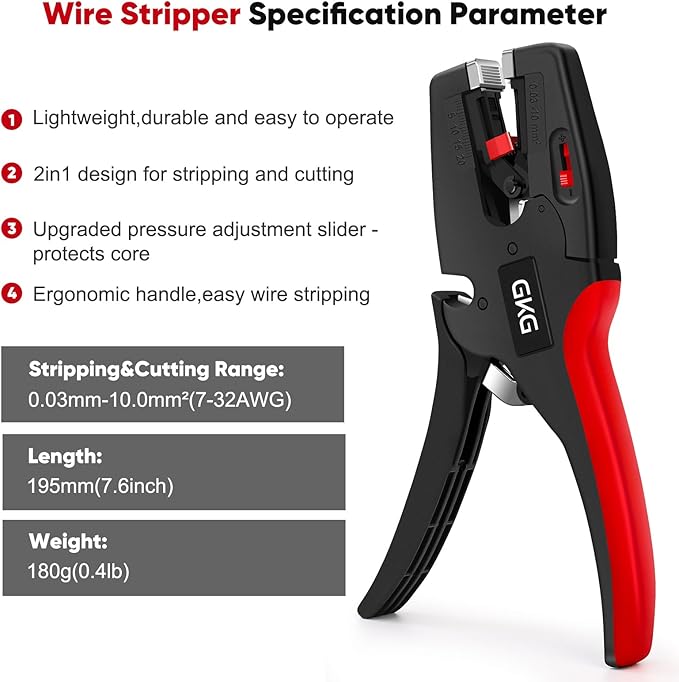 GKG Automatic Wire Stripper with Wire Cutter, 2 in 1 Adjustable Electrical Cable Wire Stripping Tool for 7-32AWG (0.03mm²-10mm²), Self Adjusting Wire Stripper for Professionals and DIY Enthusiasts