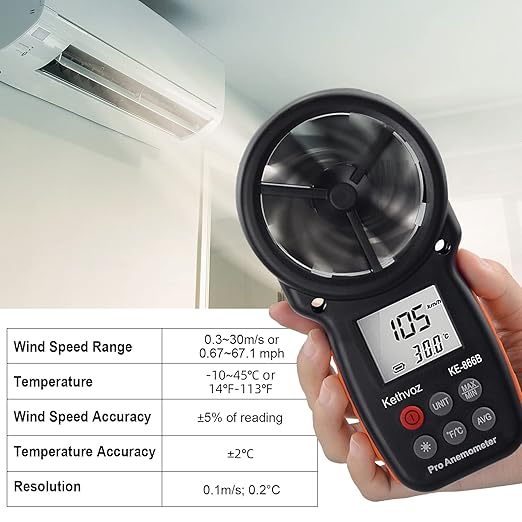 Kethvoz Anemometer, Digital Wind Speed Meter & CFM Air Flow Tester - Handheld Device to Measure Wind Velocity, Temperature, CFM for HVAC, Drone Flying, Sailing, Hunting