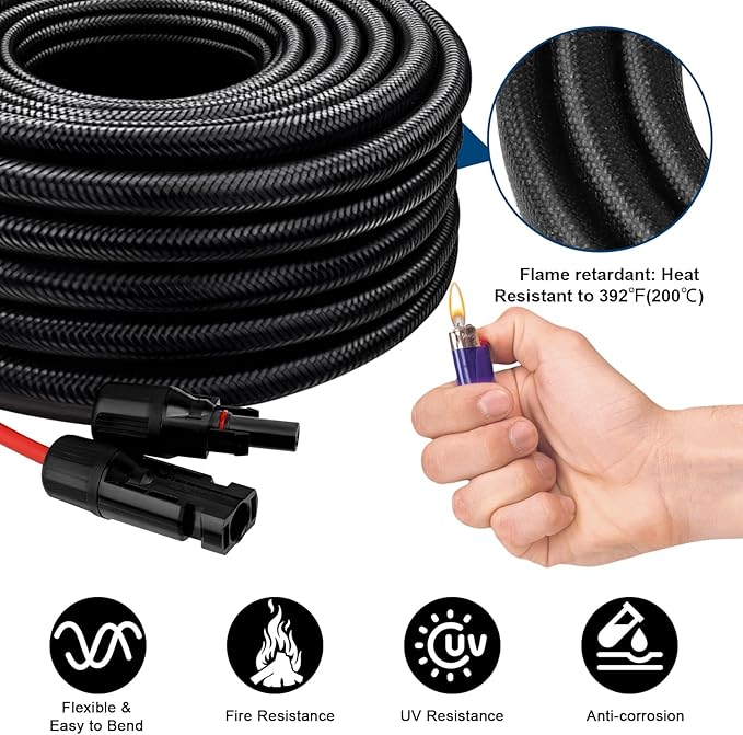 Solar Panel Extension Cable - 10AWG 30FT Solar Wire with Female & Male Waterproof Connector Flame Retardant Protective Sleeving PV Wire for RV, Photovoltaic Systems, Home, Boat, Solar Panels, Car