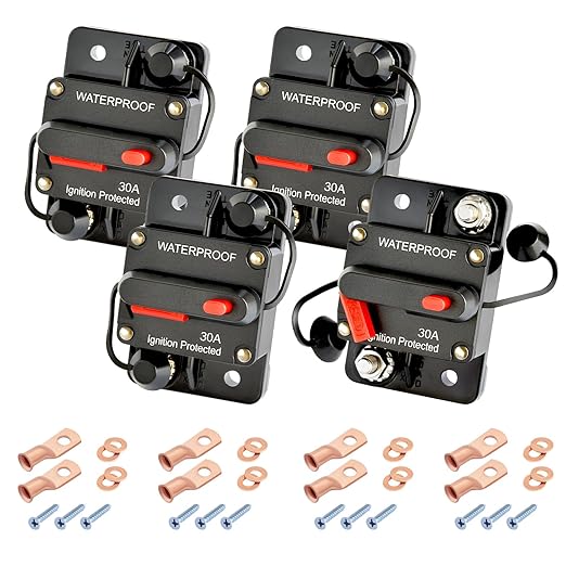 30Amp Circuit Breaker DC 12V-48V for Marine Boat Trolling Motor Automotive RV Trailer Car Solar System Battery Disconnect with Manual Reset Switch, IP67 Waterproof (Pack of 4)