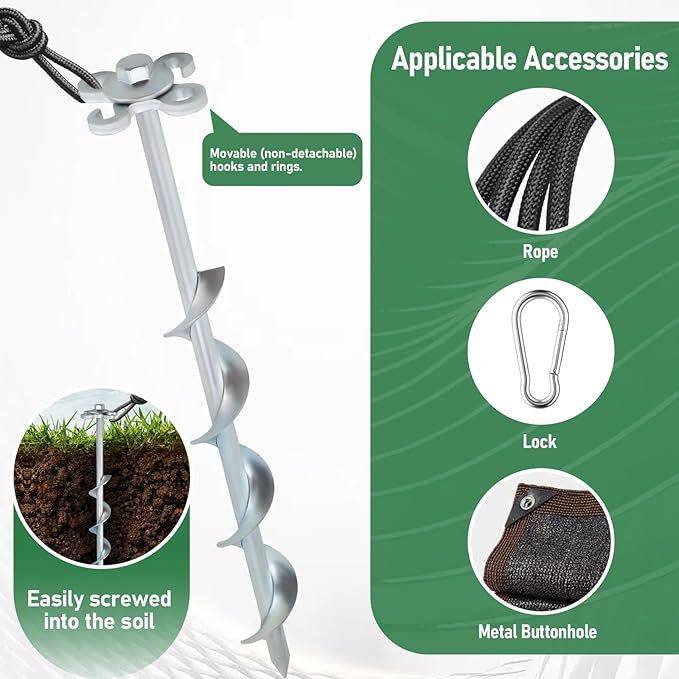 Ground Anchors Screw in – 6 Pack Spiral Tent Stakes heavy duty with Drill Socket & T-Handle, 12 Inch Trampoline Anchor with Hook & Ring Design for Tents, Sheds, Canopies, Swing Sets, Gazebo(6)