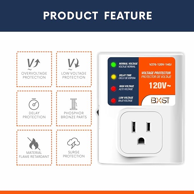 BXST Surge Protector for Home Appliances, 120V 15A Voltage Protector Outlet with 140J Lightning Protection, Wall Overload & Power Surge Protection Plug for Refrigerator, TV, Computer, Washing Machine