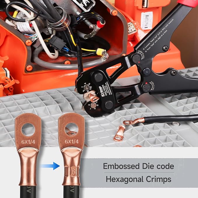 iCrimp Battery Cable Lug Crimping Tool Kit for 8-1/0 AWG - 63pcs Copper Lugs & 25pcs Heat Shrink Tubes, Wire Cutter & Stripper
