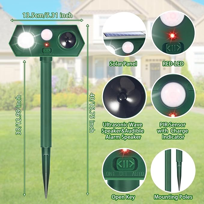 2026 Upgraded Solar Ultrasonic Animal Repeller Deer Repellent Devices with Motion Sensor & LED Strobe Cat Deterrent Outdoor to Keep Away Squirrel Rabbit Raccoon Dog for Yard, Lawn, Garden 4 Pack