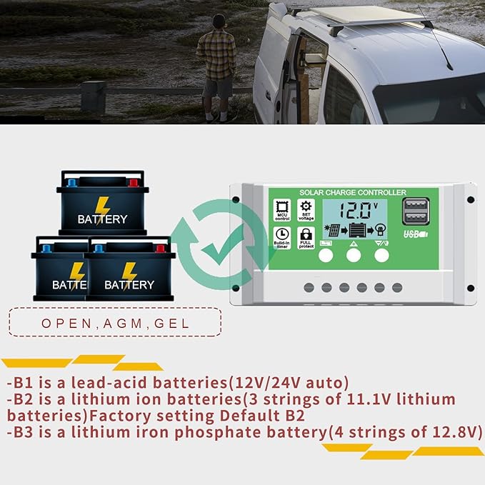 30A 12V 24V PWM Solar Charge Controller Lithium Battery Charge Controller Compatible with Lead Acid/ Lithium-ion/ Lithium Iron Phosphate Battery