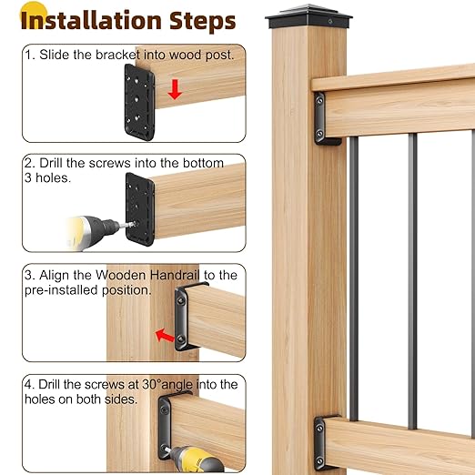 40 Pcs Deck Railing Bracket Connectors for 2"×4" (Actually 1.5"x3.5") Wood Post to Handrail Connection, Railing Connectors with 280 Pcs Galvanized Black Screws for Wooden Stair Fence Railings