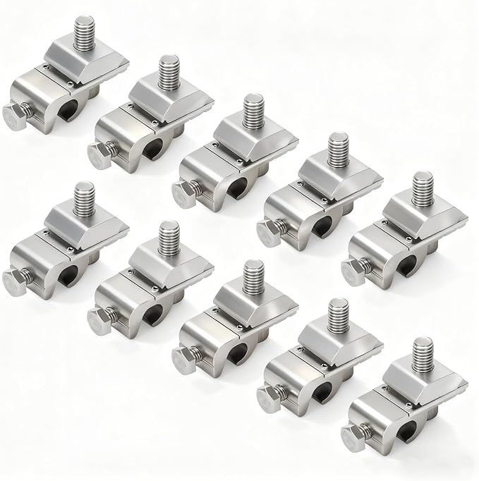 Solar Panel Grounding Clips Set 10Pcs, Solar Panel Photovoltaic On Coupling Earthing Ground Lug, Solid Aluminum and Stainless Steel Ground Clamp with Lay in Lug for Bare Wire Pipe