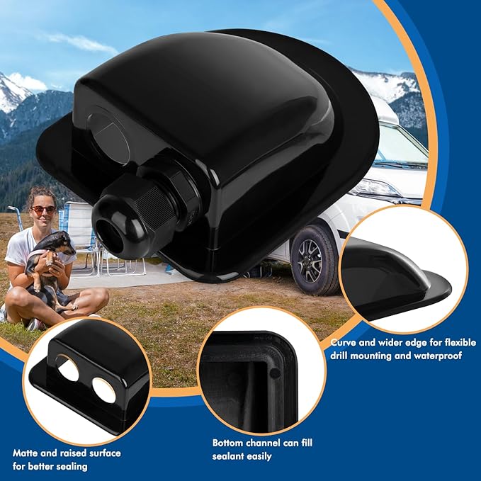 Restmo IP68 Waterproof Solar Cable Entry Gland, Weather Resistant Dual Cable Entry Housing for Solar Panels of RV, Caravan, Marine, Boat, Cabin, Black